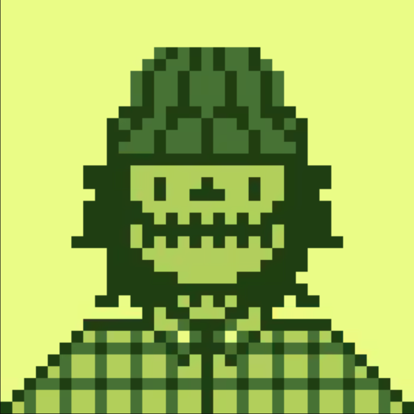 Green pixel-art skeleton ChainRaider wearing a beanie and plaid shirt